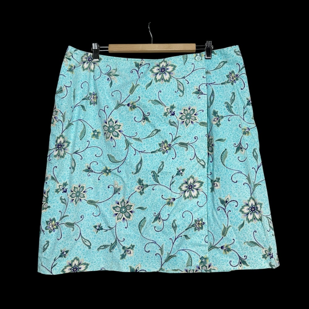 Talbots Floral Faux Wrap Skirt Turquoise Blue Cotton Stretch Size 14
